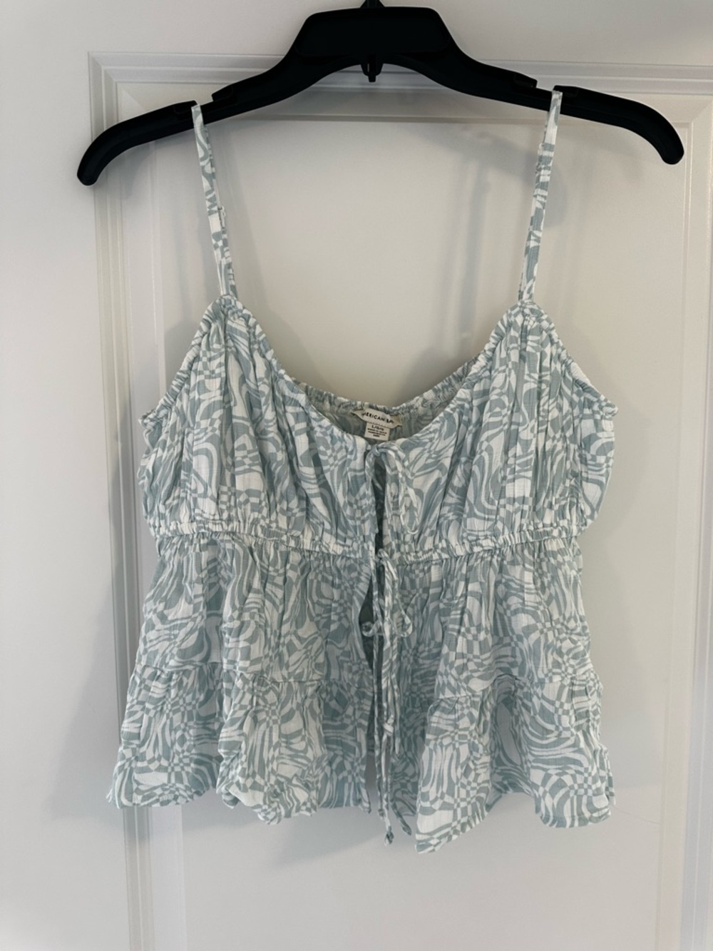 American Eagle Light Blue Printed Spaghetti Strap Tie Front Tank Top